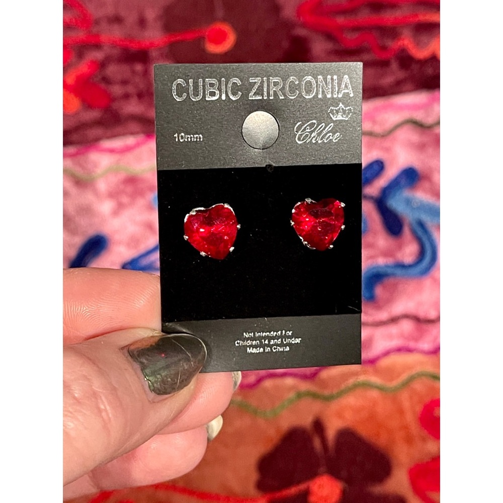 Red CZ Heart-Shaped Studs • NEW